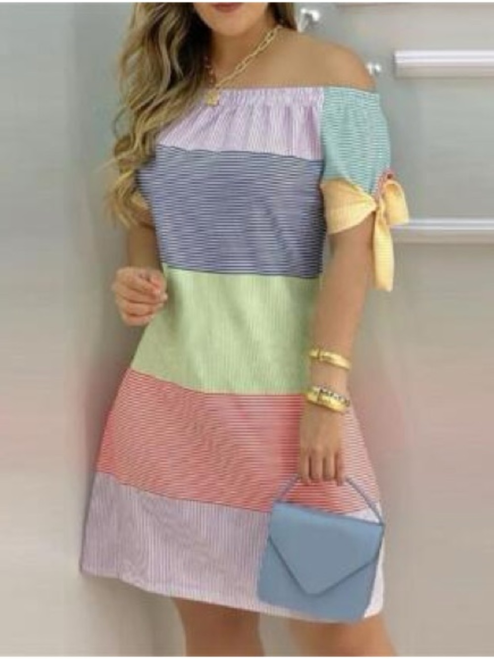Pastel Stripe Off-Shoulder A-Line Dress